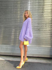 Elegant Purple Deep V Neck Knitted Pullover Casual Long Sleeves Loose Sweater Sweaters L