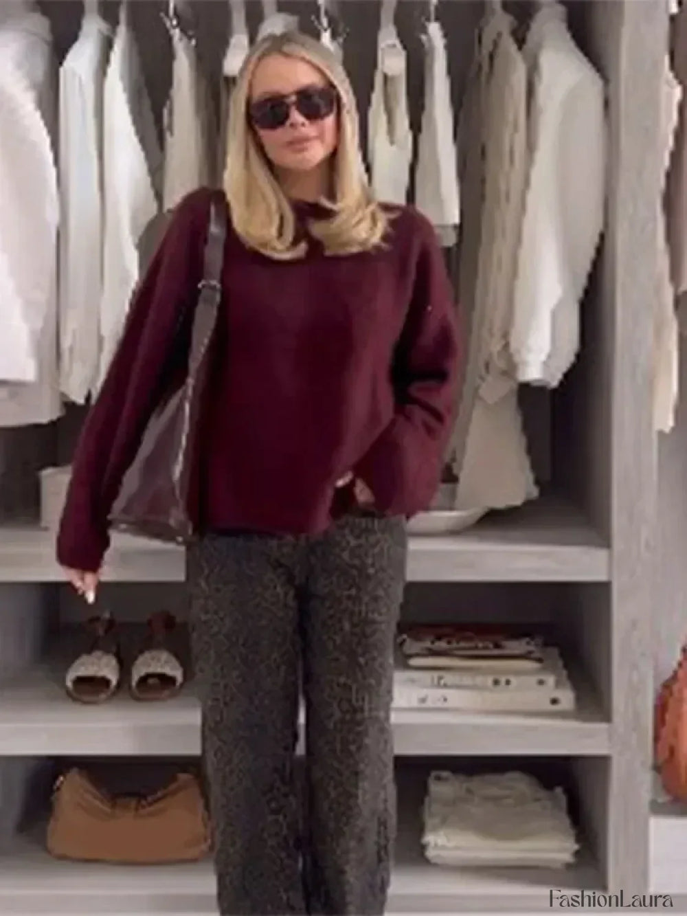 Elegant Red Round Neck Knitted Pullover For Women Fashion Long Sleeves Sweater Sweaters L