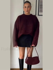 Elegant Red Round Neck Knitted Pullover For Women Fashion Long Sleeves Sweater Sweaters L