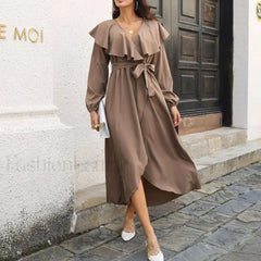 Elegant Ruffle Hem Split Fall V neck Lantern Sleeve Solid Slim Midi Dress