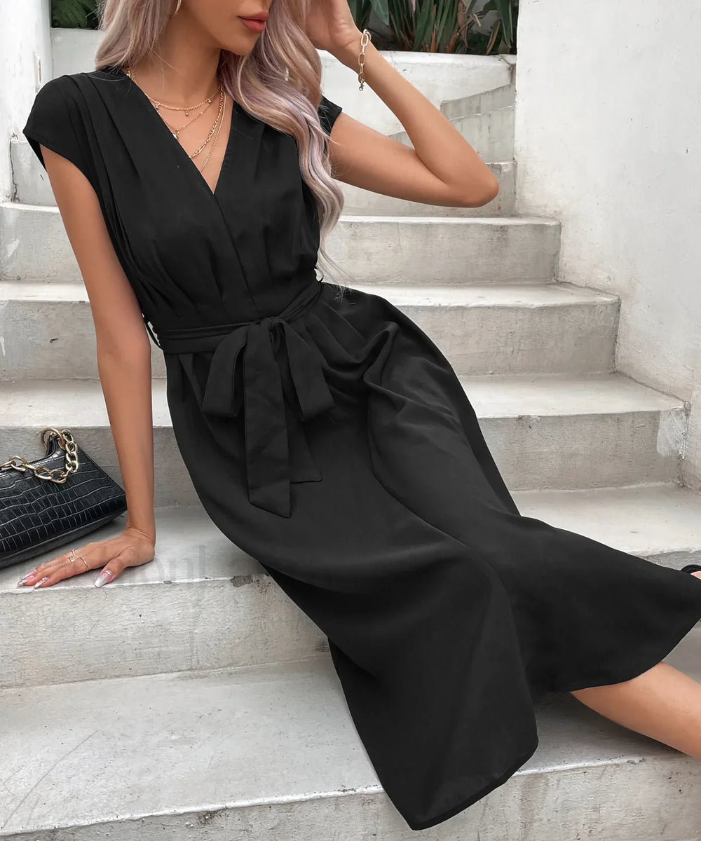 Elegant Ruffled Sleeveless Club Party Summer New Fashion Midi Dress Black / S