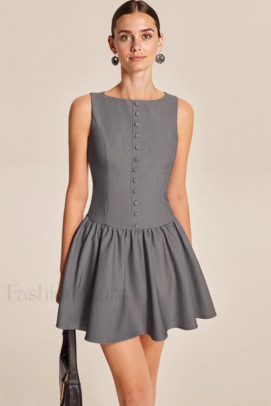 Elegant Sleeveless Ruffled A Line Work Dress Grey / S