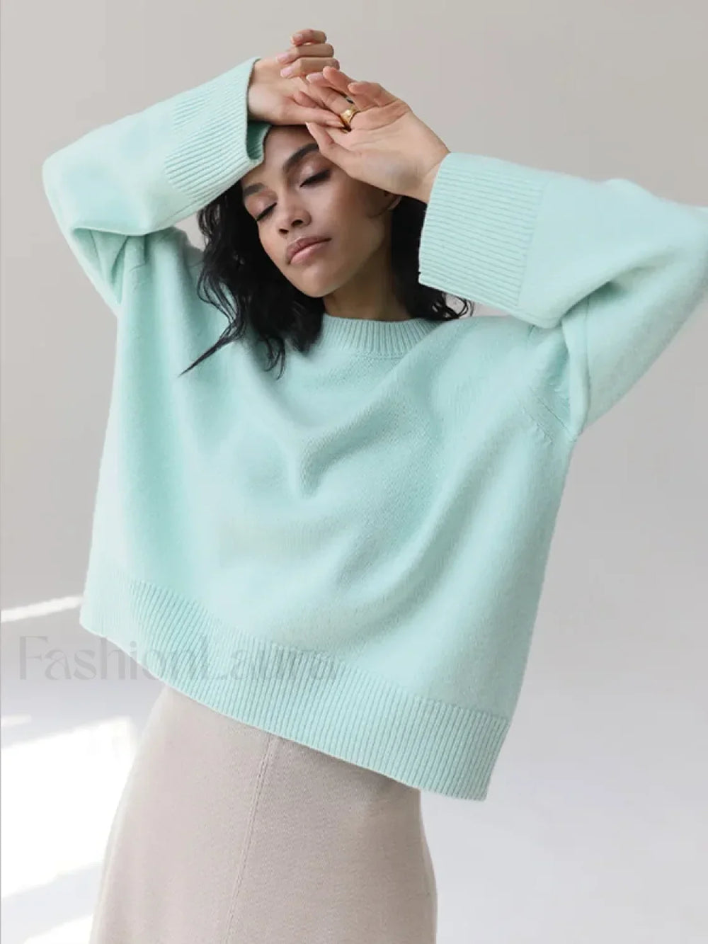 Elegant Solid Round Neck Pullover Women Casual Long Sleeve Loose Soft Warm Sweater GREEN / S Sweaters L