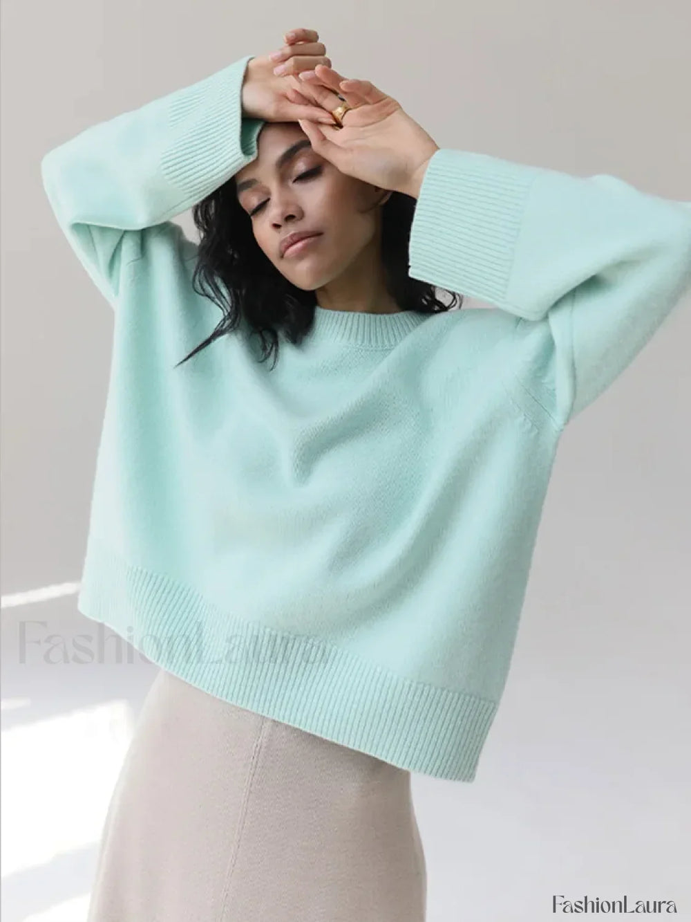 Elegant Solid Round Neck Pullover Women Casual Long Sleeve Loose Soft Warm Sweater GREEN / S Sweaters L