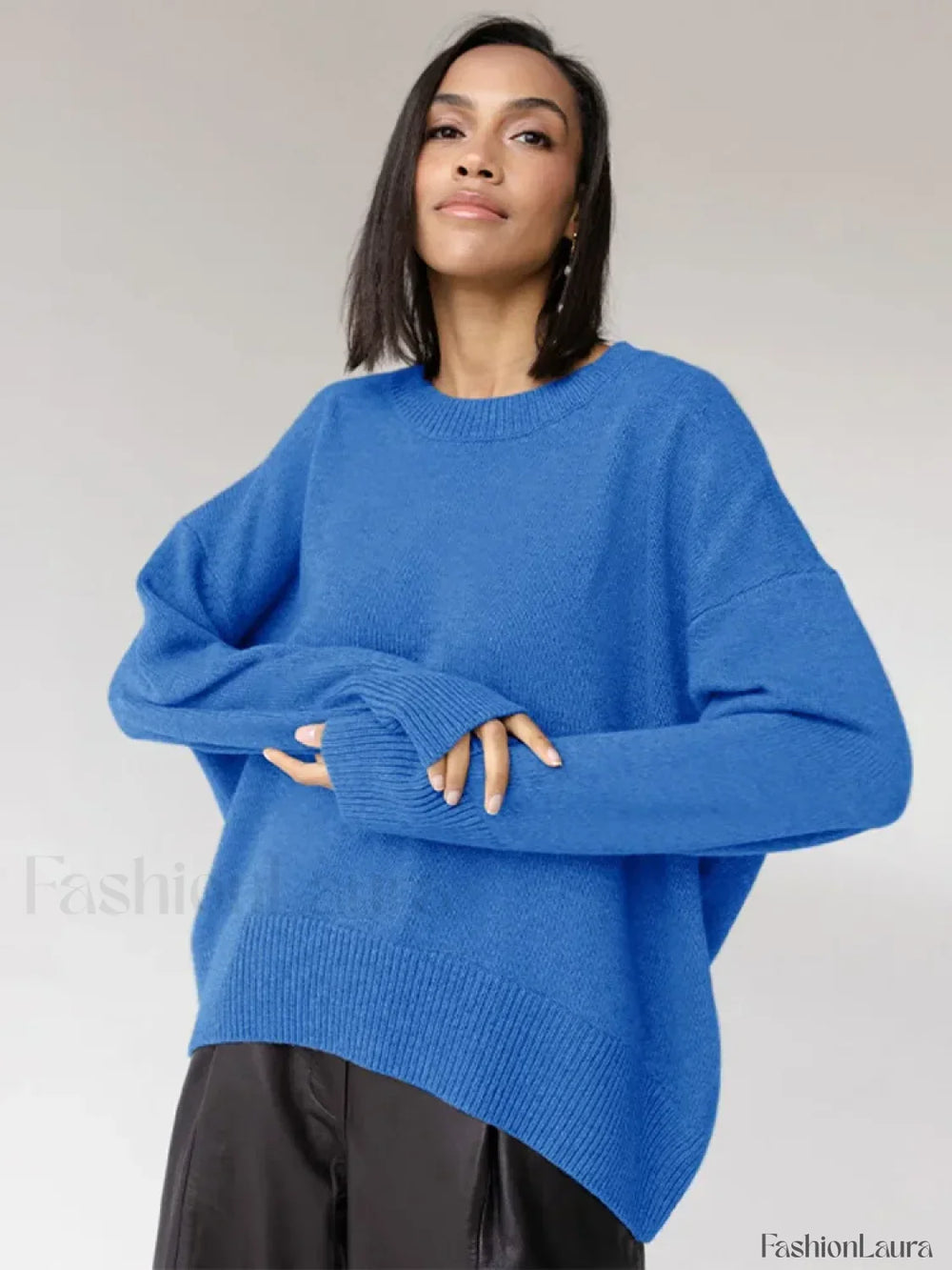 Elegant Solid Round Neck Pullover Women Casual Long Sleeve Loose Soft Warm Sweater Sweaters L