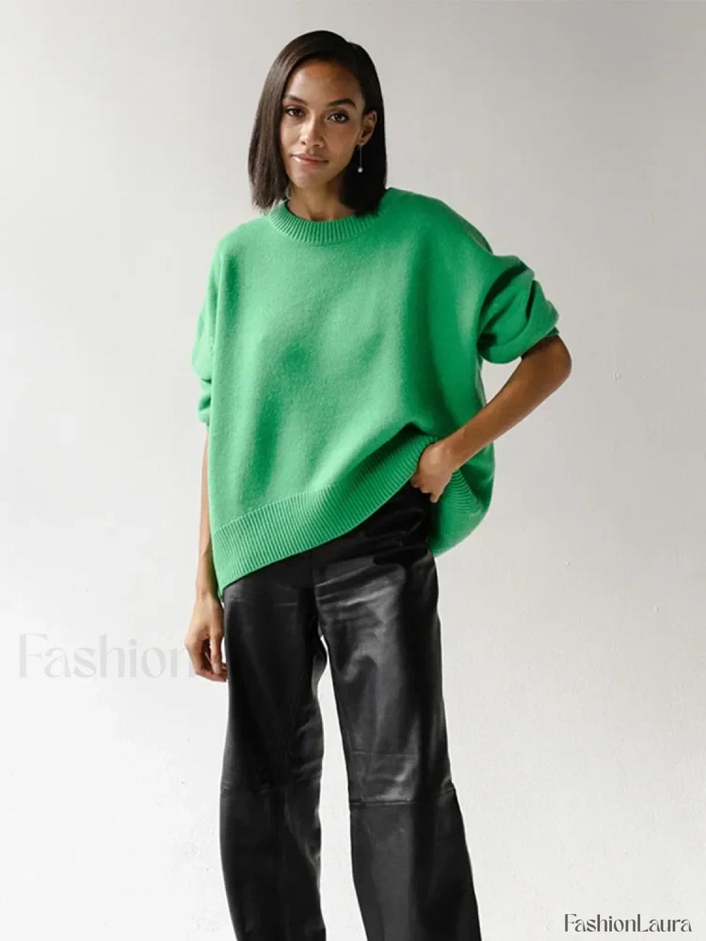 Elegant Solid Round Neck Pullover Women Casual Long Sleeve Loose Soft Warm Sweater Sweaters L