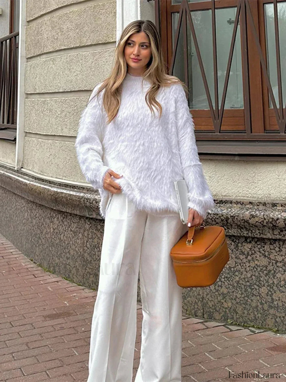 Elegant Solid Round Neck Warm Pullover For Women Casual Long Sleeves Loose Sweater Sweaters L