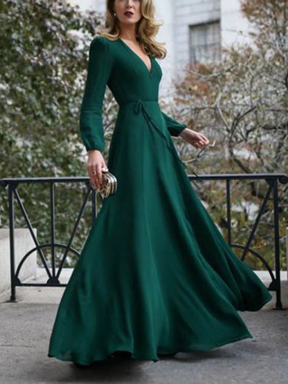 Elegant Solid V-neck Lace-up Dress