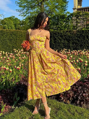 Elegant Summer Floral Print Midi Dress Yellow Lace Up Pocket Floral Dress
