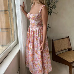 Elegant Summer Floral Print Midi Dress Yellow Lace Up Pocket Floral Dress Pink / XS