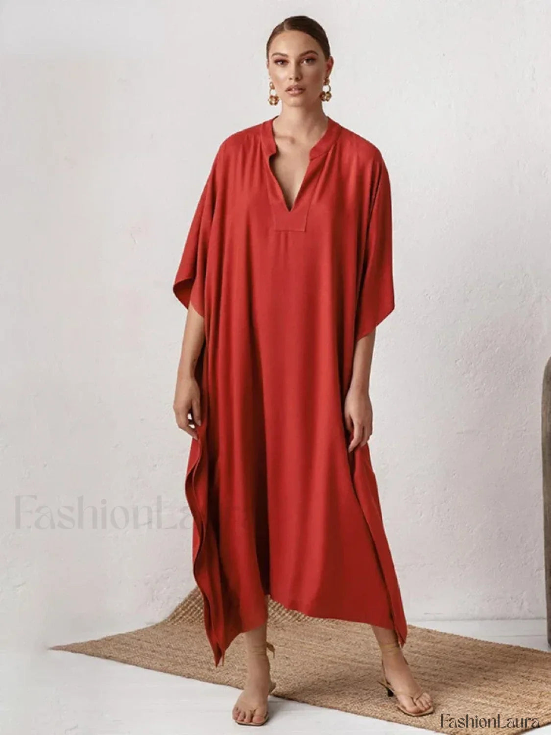 Elegant V Neck Tunic Beach Cover Up RED / One Size