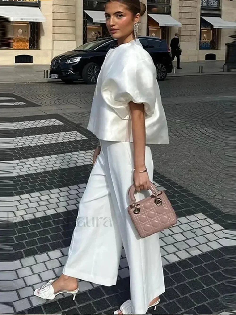 Elegant White Satin Short O neck Female Lady Blouse