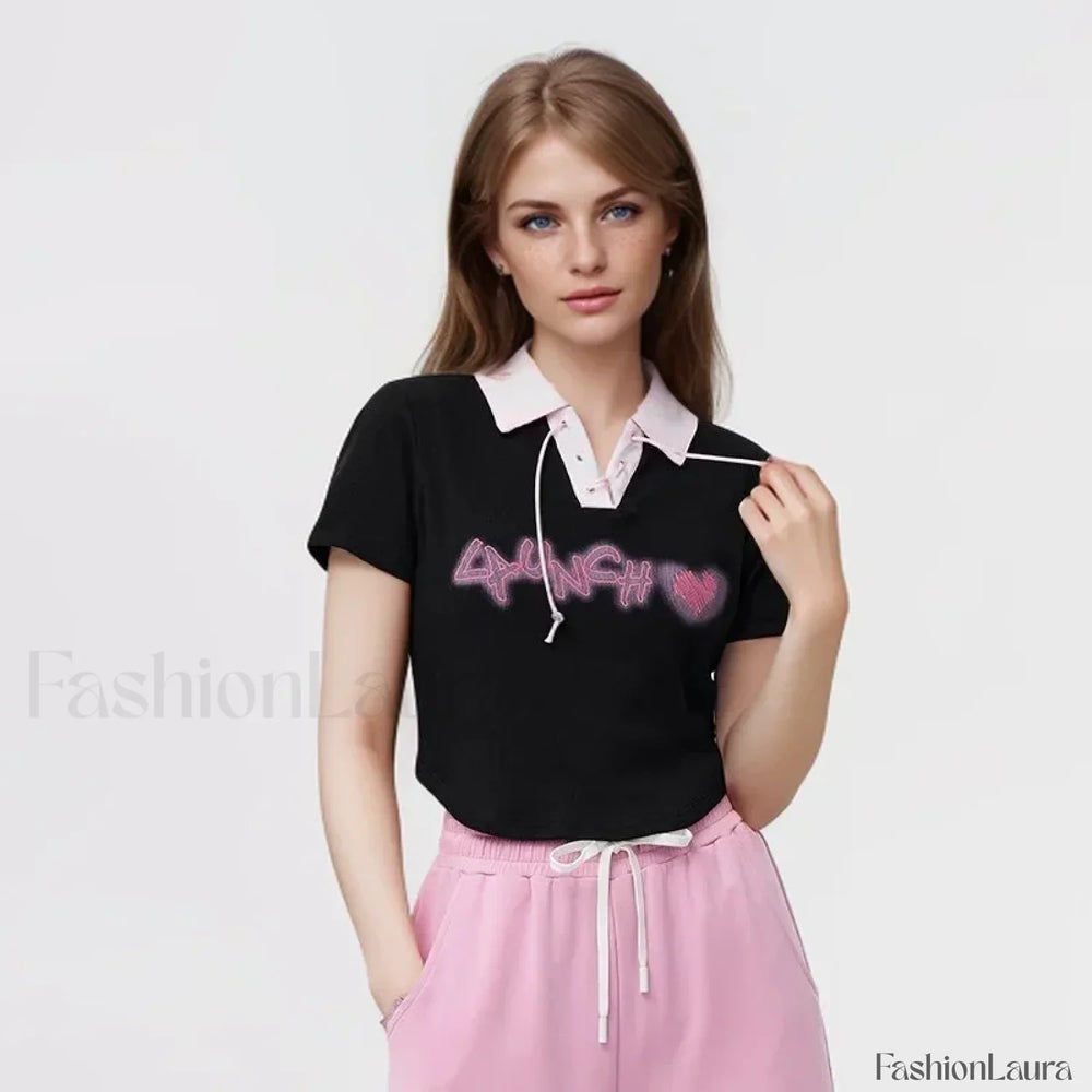 Embroidered Contrast Polo Cotton T Shirt Black / S