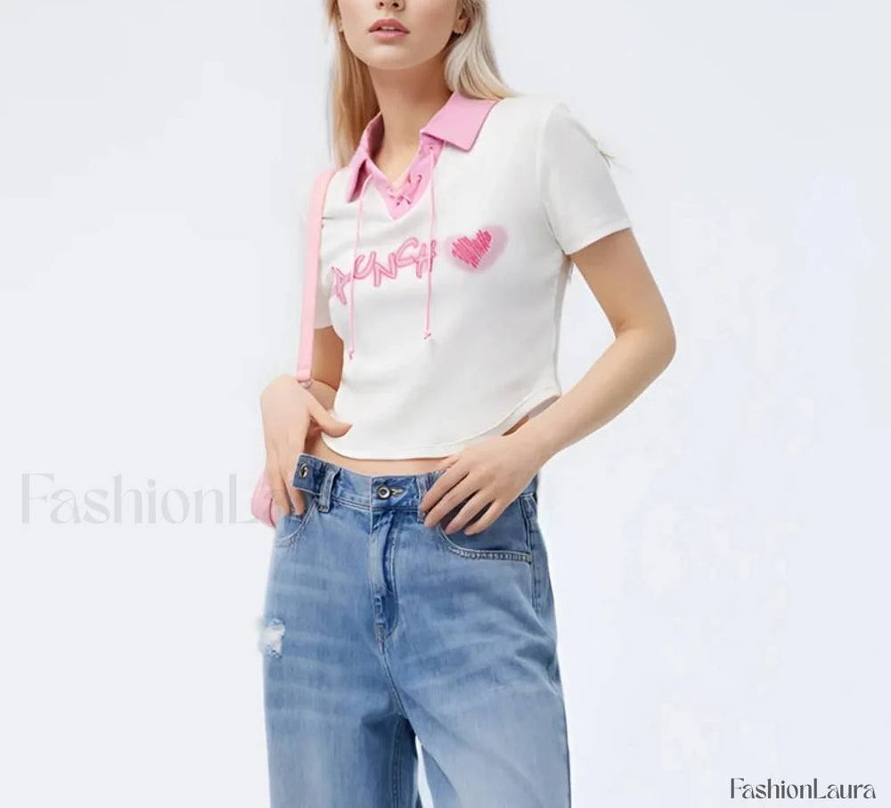 Embroidered Contrast Polo Cotton T Shirt White / S