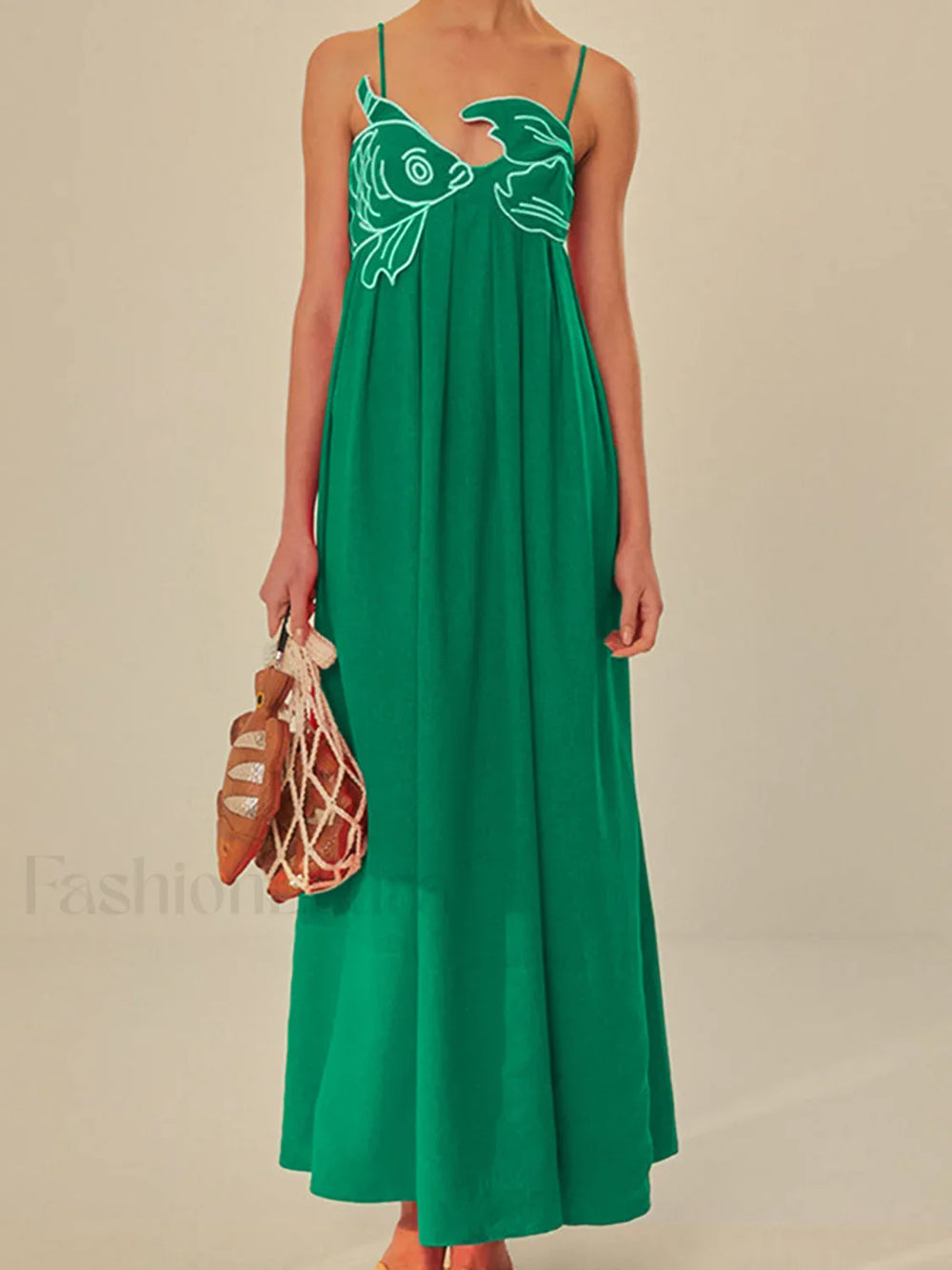 Embroidered Fish Semi Sheer Cami Dress Green / XS Dresses