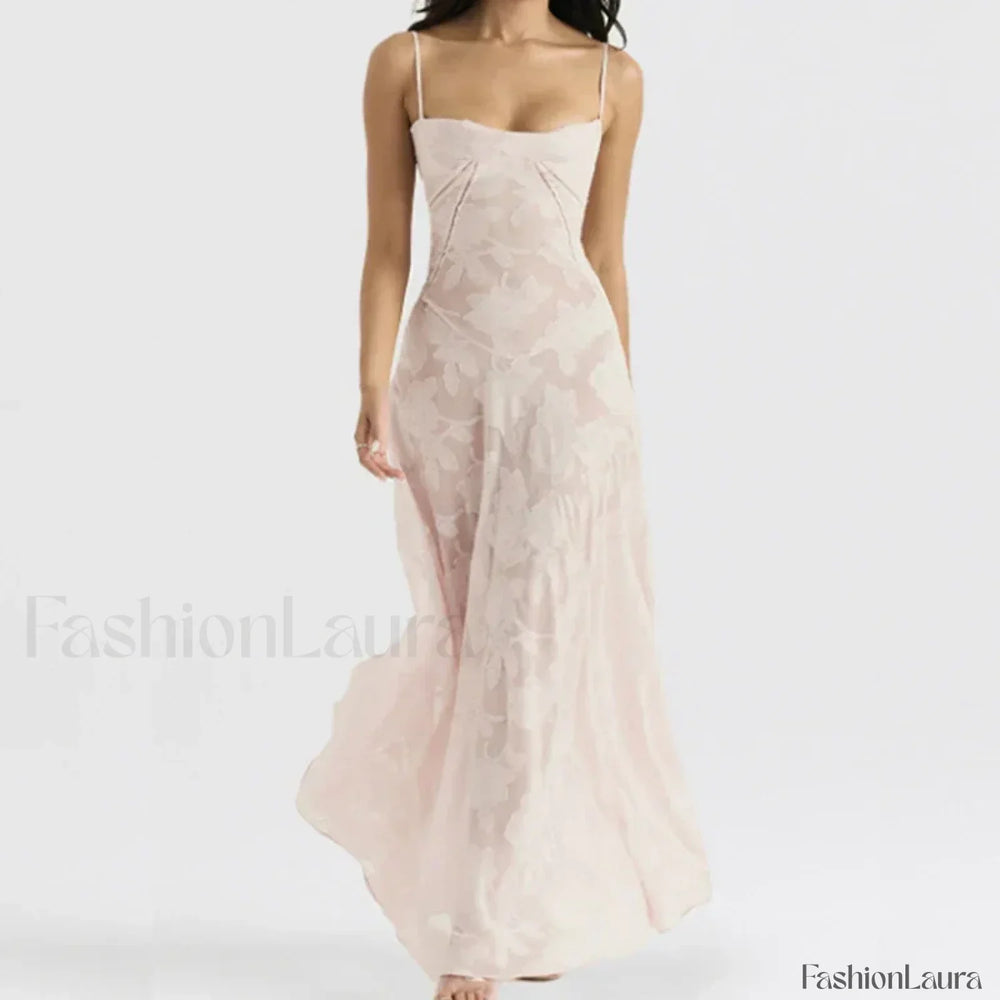 Embroidered Lace Off Shoulder Maxi Dress 01 Pink / XS