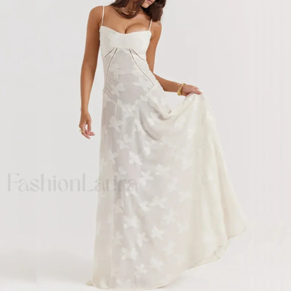 Embroidered Lace Off Shoulder Maxi Dress 02 White / XS