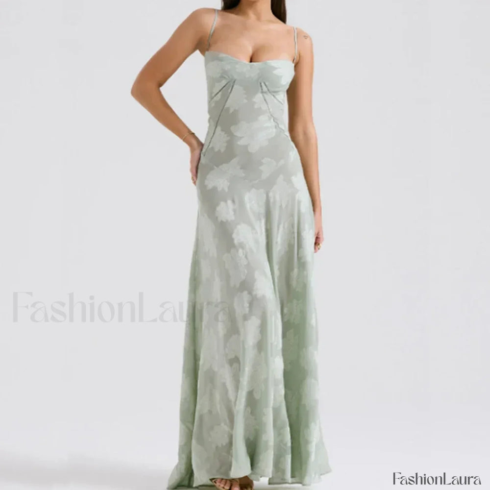Embroidered Lace Off Shoulder Maxi Dress 03 Green / XS