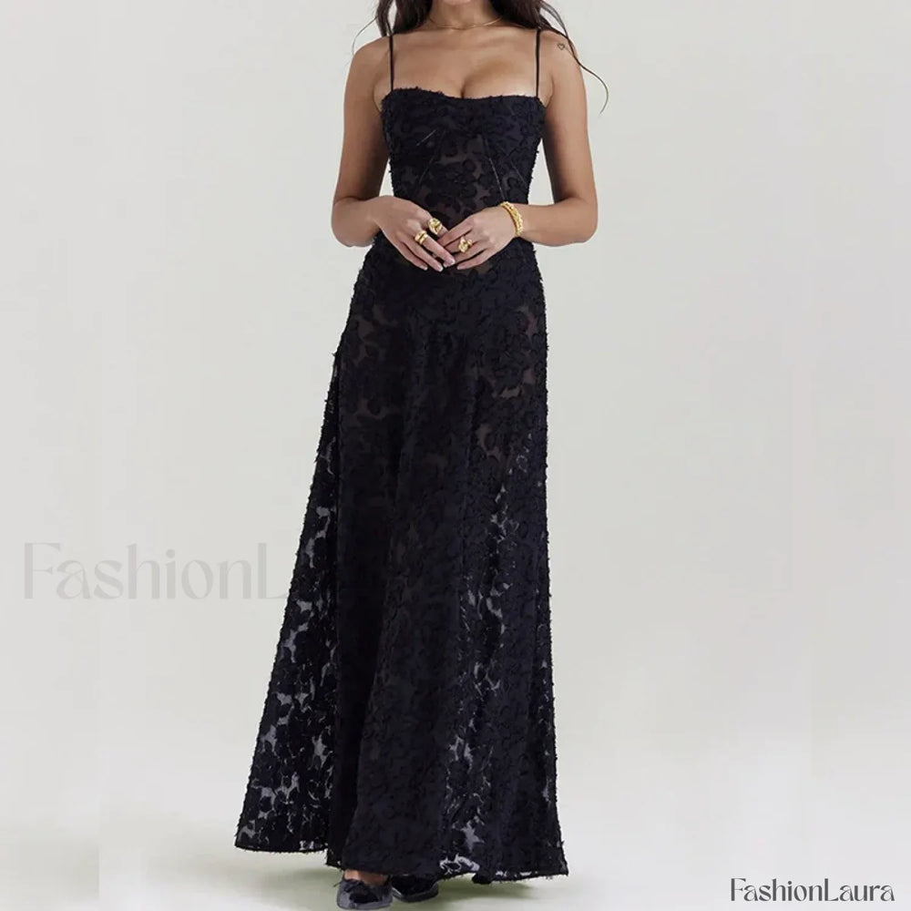 Embroidered Lace Off Shoulder Maxi Dress 04 Black / XS