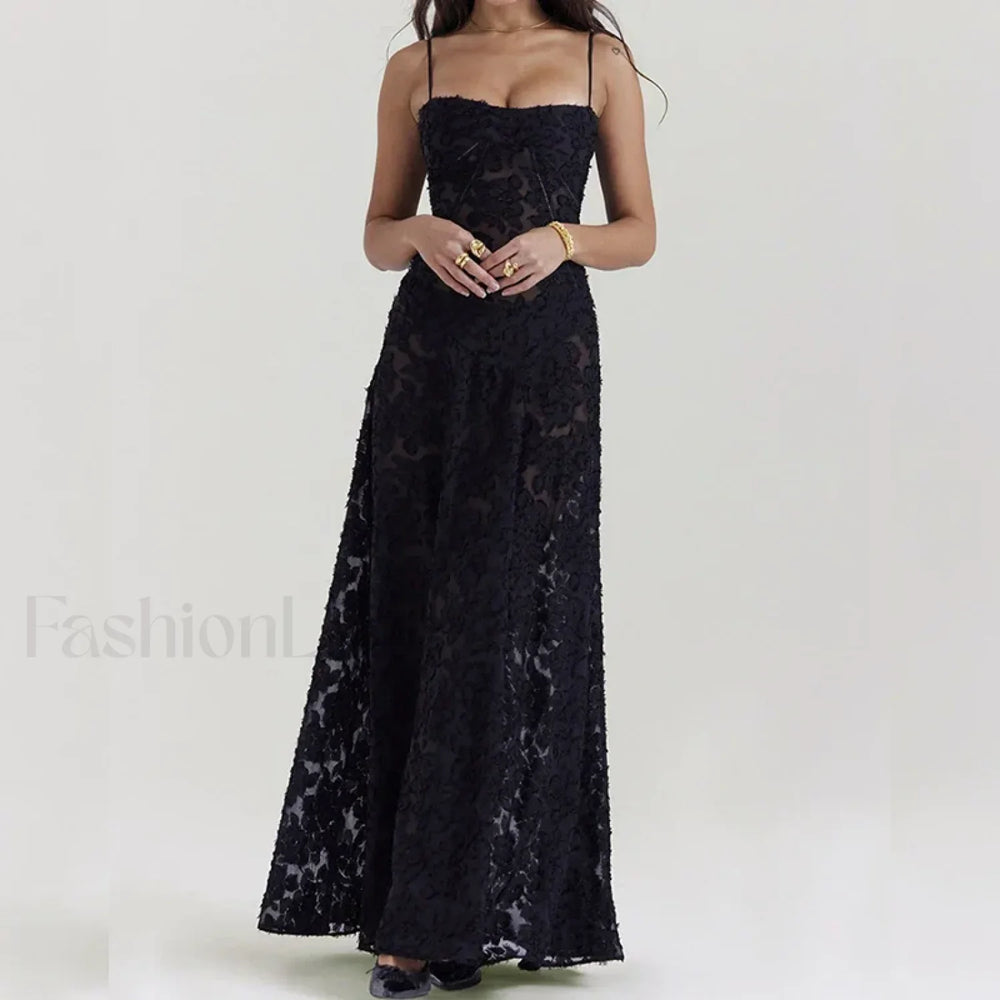 Embroidered Lace Off Shoulder Maxi Dress 04 Black / XS
