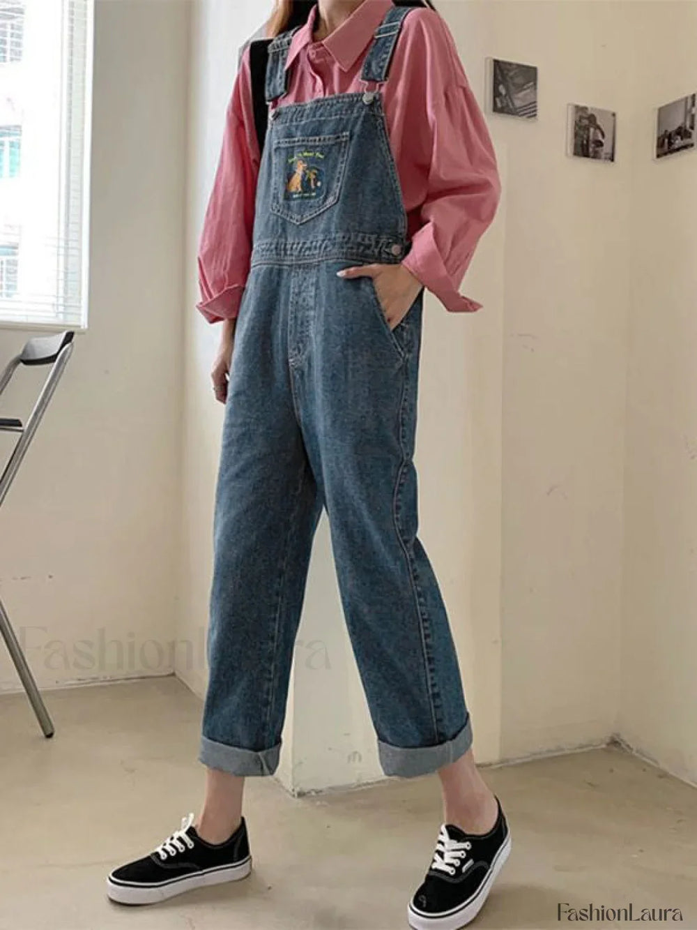 Embroidered Pocket Denim Overall Jeans Overall