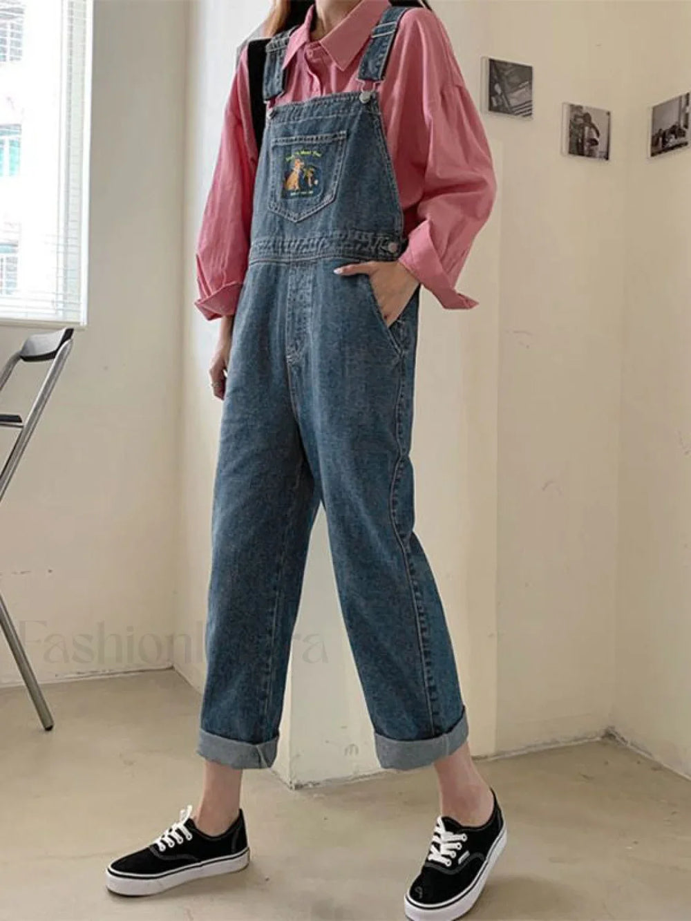 Embroidered Pocket Denim Overall Jeans Overall