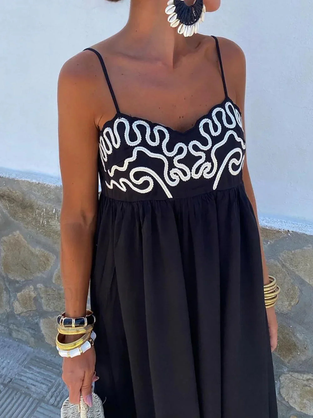 Embroidered Shirred Spaghetti Strap Long Dress Dresses