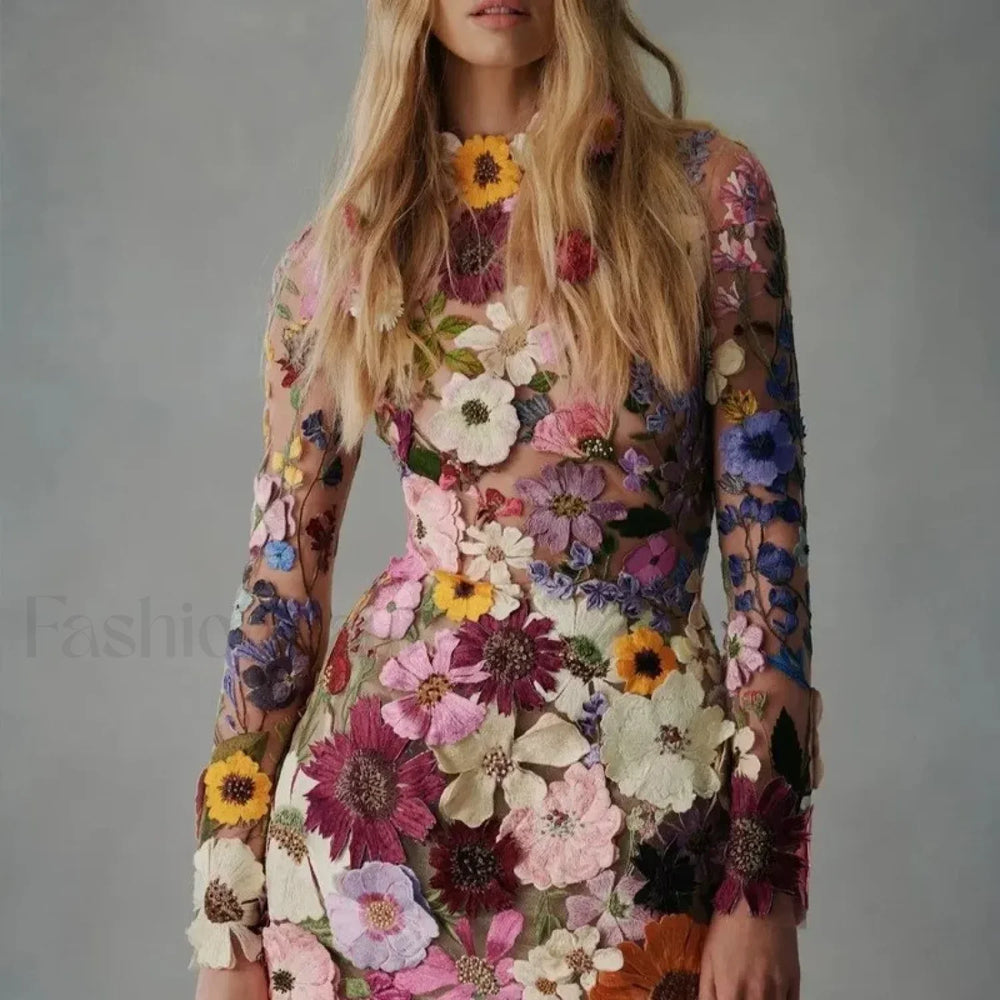 Embroidered Slimming Lace Three Dimensional Flower Mini Floral Dress Black / S