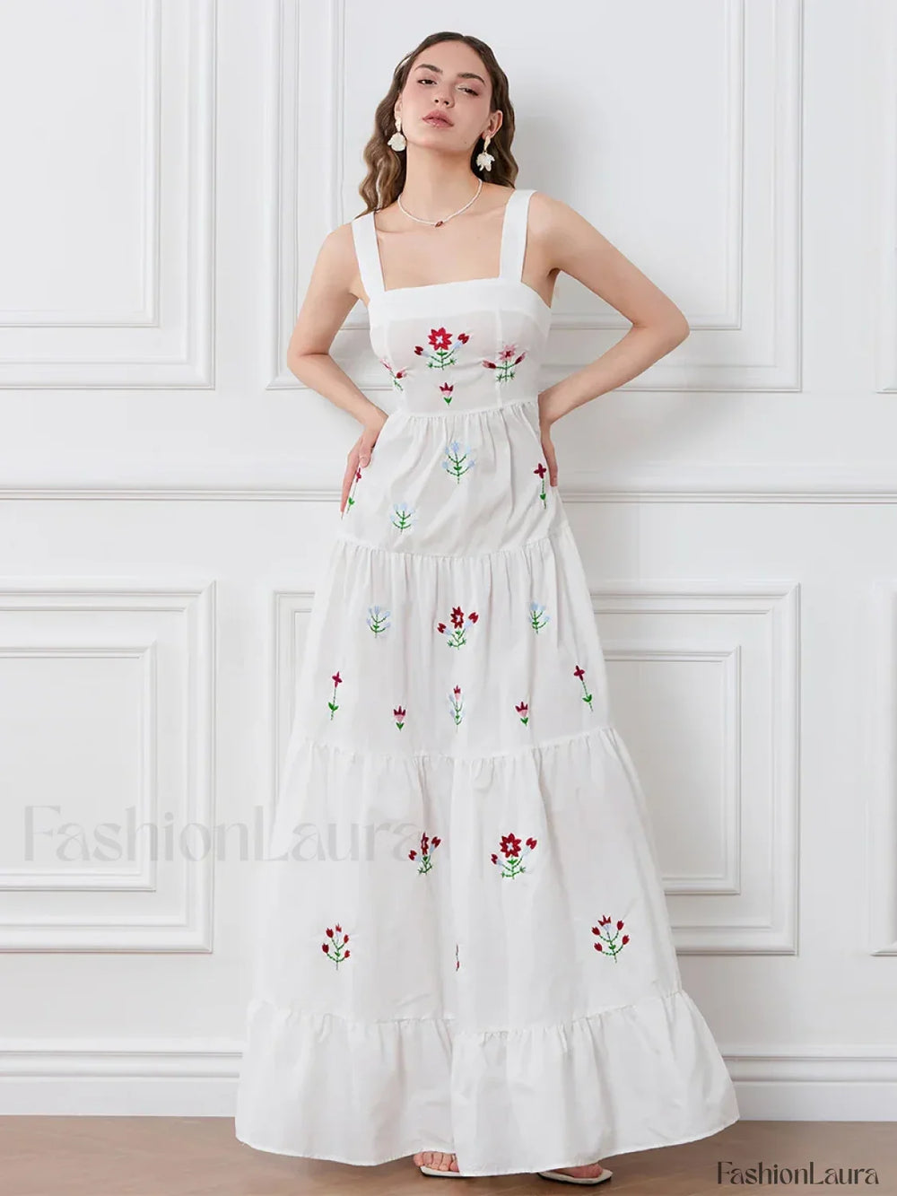 Embroidered Square Neck Boho Dress