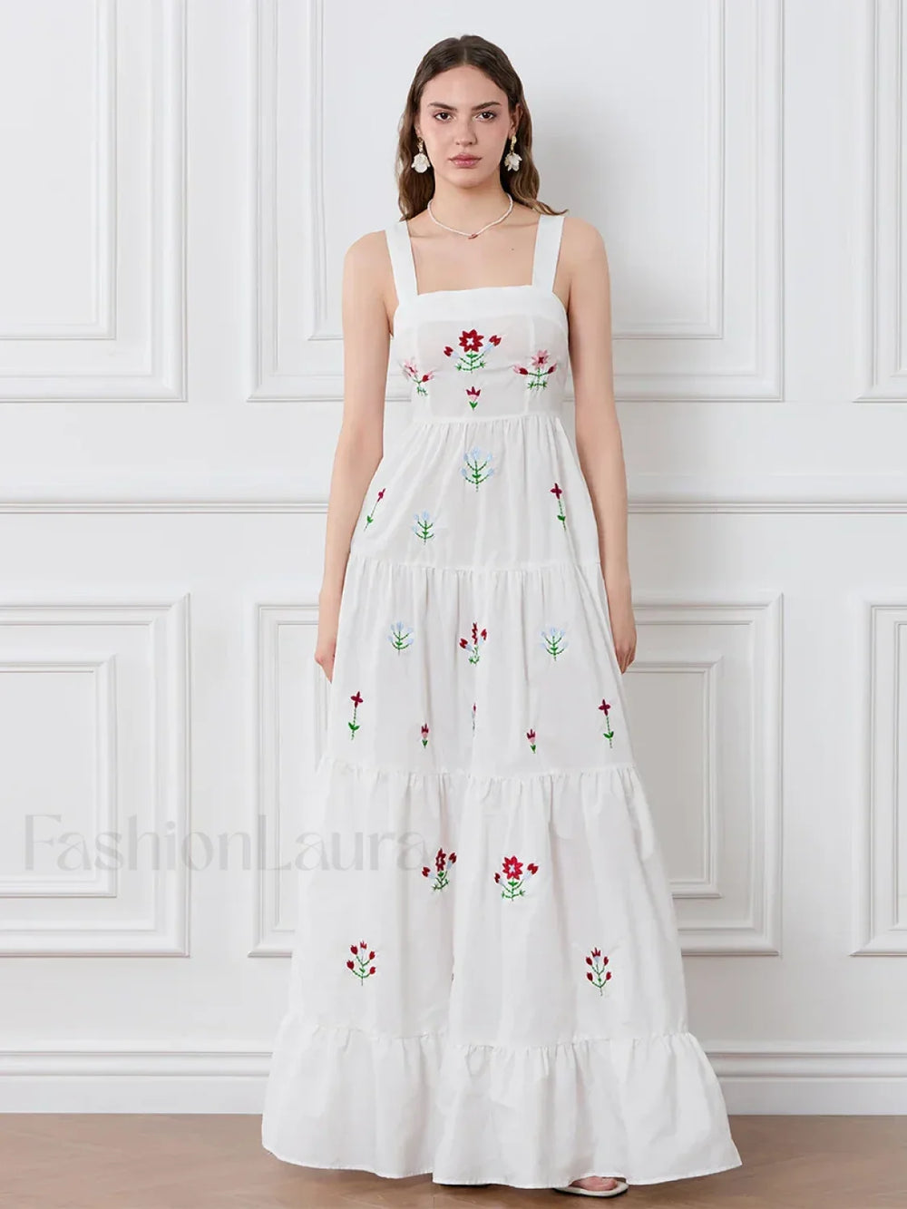 Embroidered Square Neck Boho Dress WHITE / S