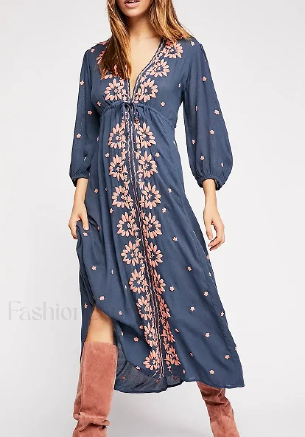 Embroidered Tie Waist Boho Dress Blue / S