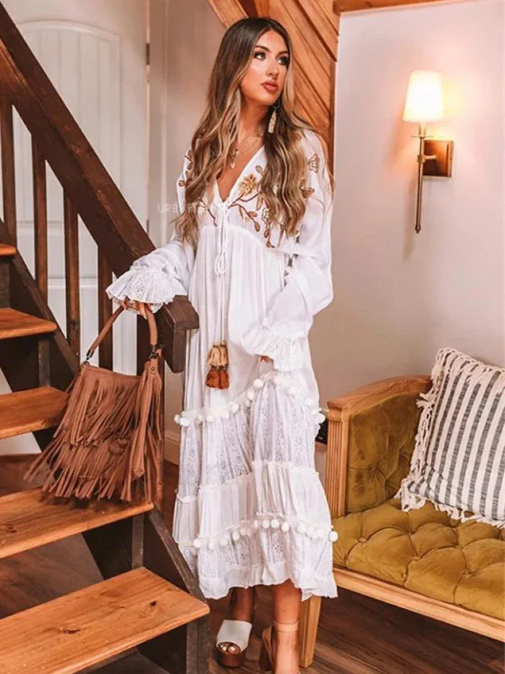 Embroidered V Neck Long Boho Dress