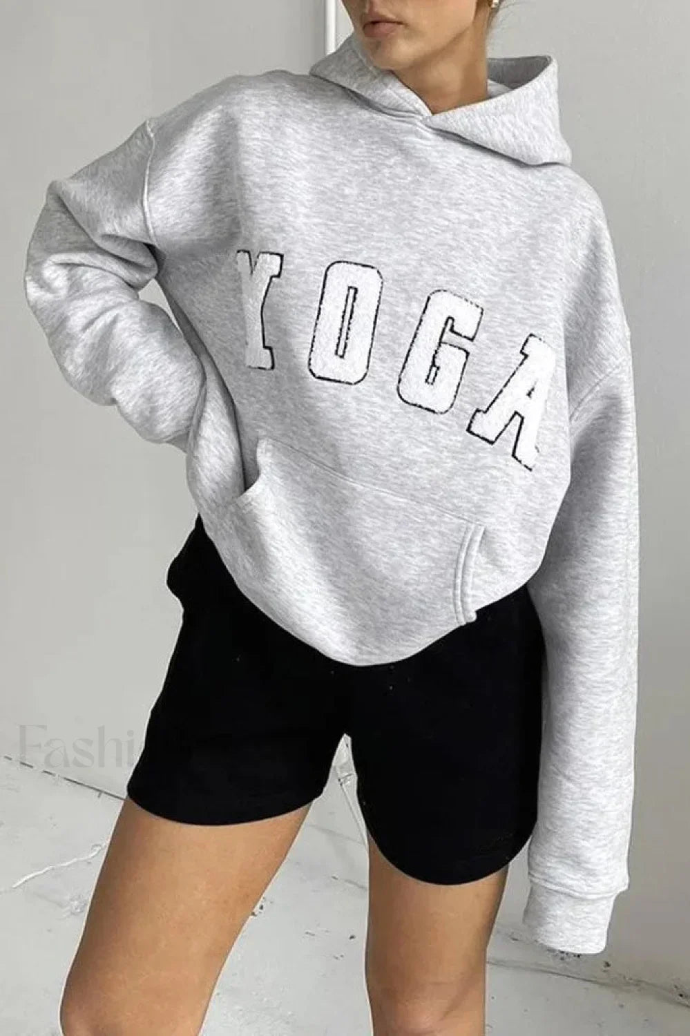 Embroidered YOGA Letter Hooded Hoodie Grey / M
