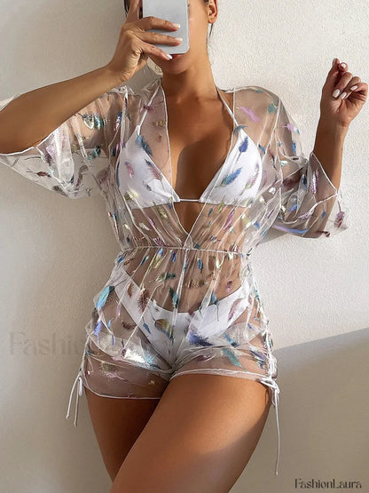 Embroidery Beach Cover Up Three Piece Set WHITE 2 / S