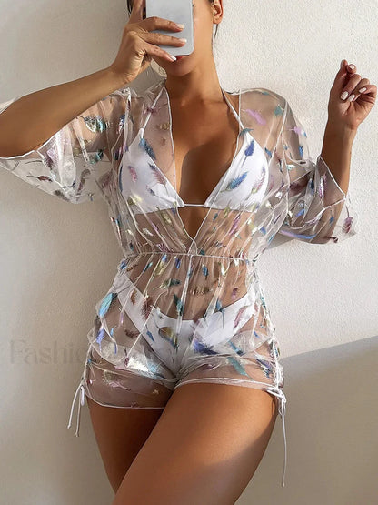 Embroidery Beach Cover Up Three Piece Set WHITE 2 / S