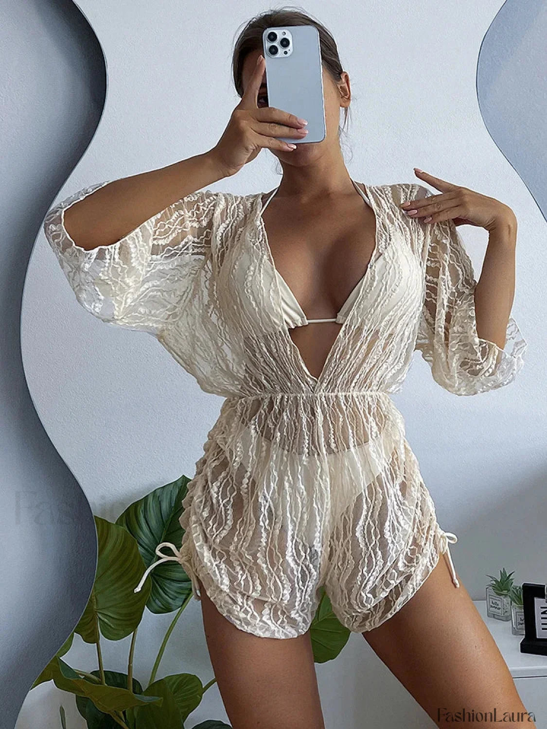 Embroidery Beach Cover Up Three Piece Set WHITE1 / S