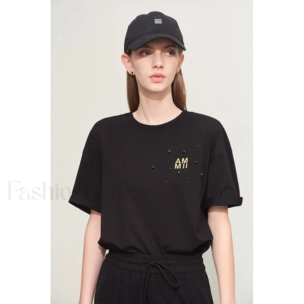 Embroidery Drop Shoulder T Shirt Black / S