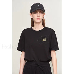 Embroidery Drop Shoulder T Shirt Black / S