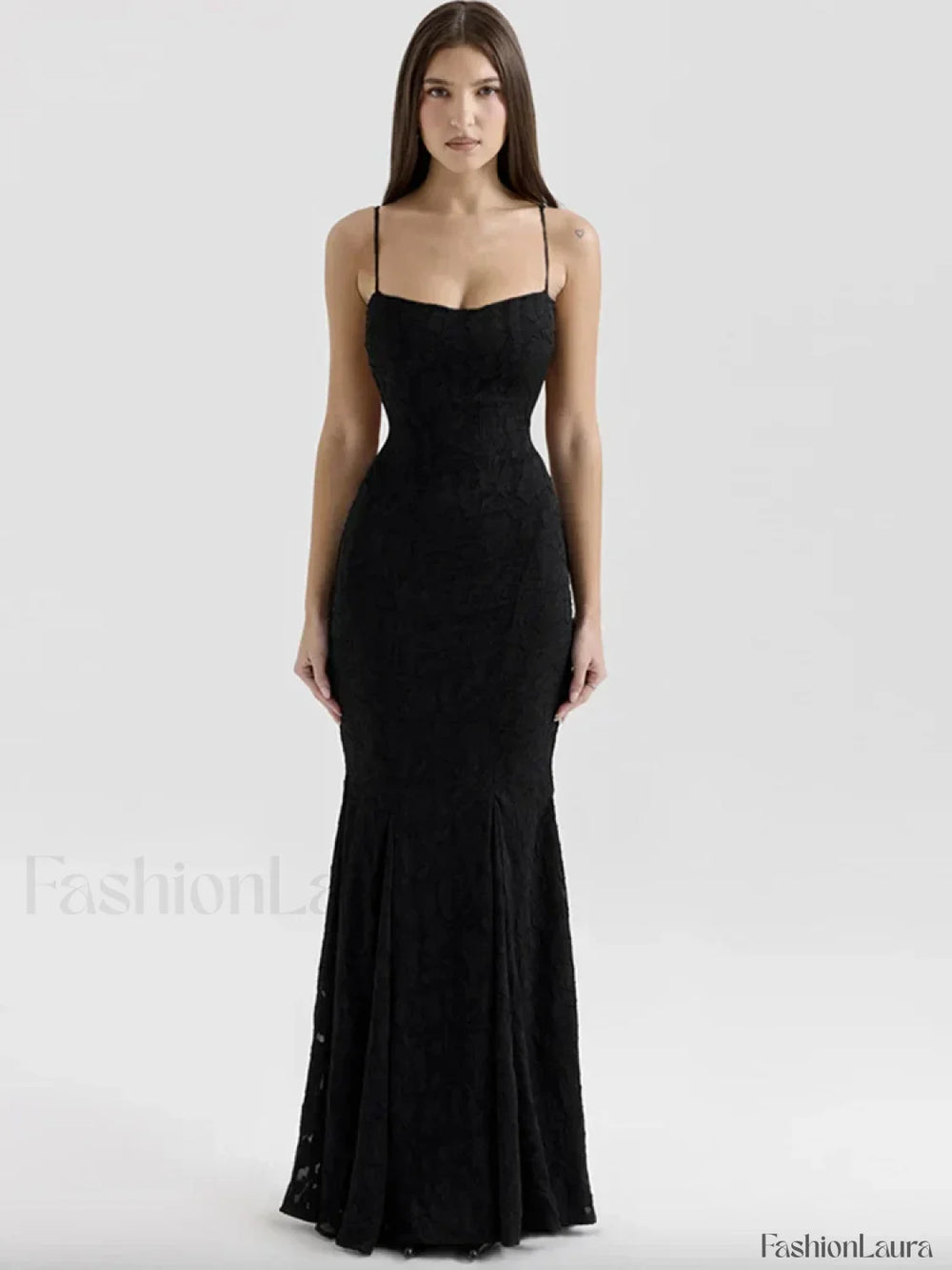 Embroidery Spaghetti Mermaid Maxi Dress Black / S