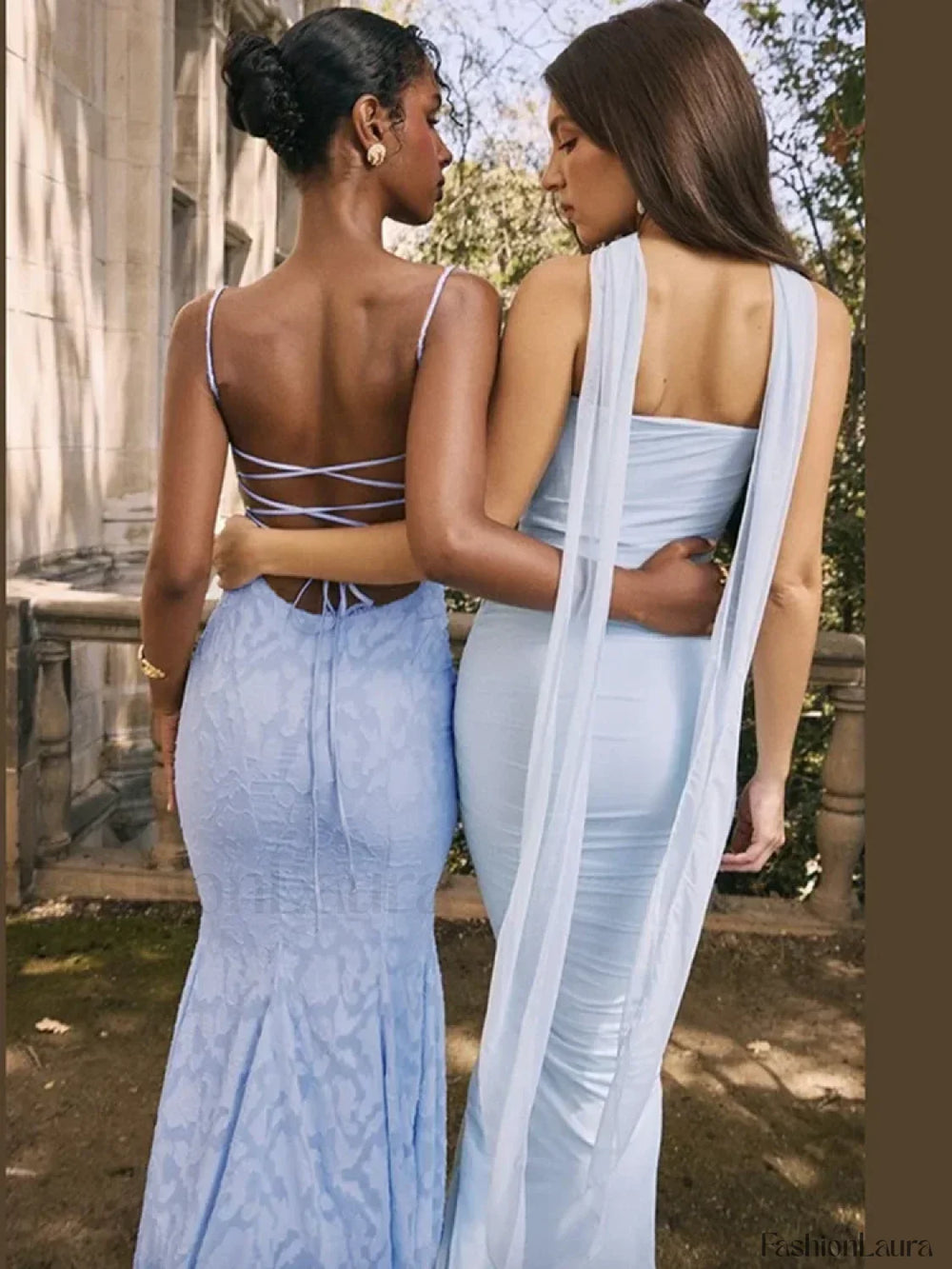 Embroidery Spaghetti Mermaid Maxi Dress Blue / S