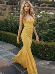Embroidery Spaghetti Mermaid Maxi Dress Yellow / S