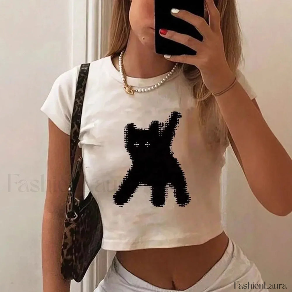 Emo Girl Gothic Cherry Print T Shirt Beige / S