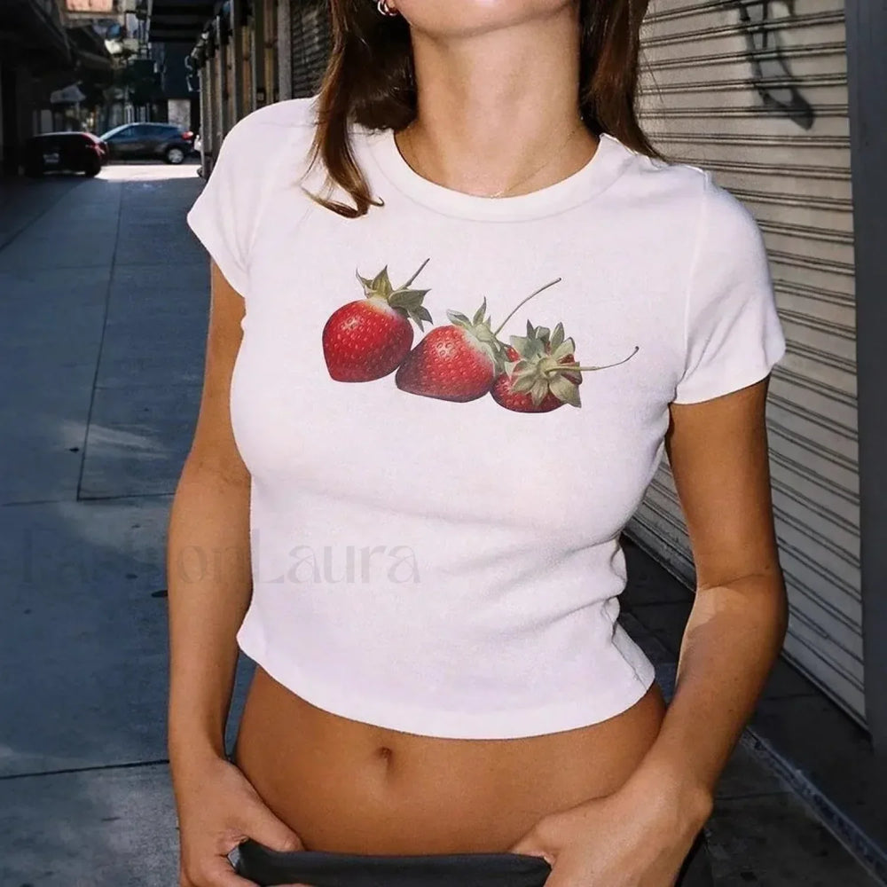 Emo Girl Gothic Strawberry Print T Shirt white3 / S