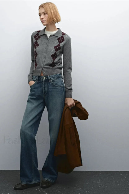 English College Style Polo Neck Knit Cardigan