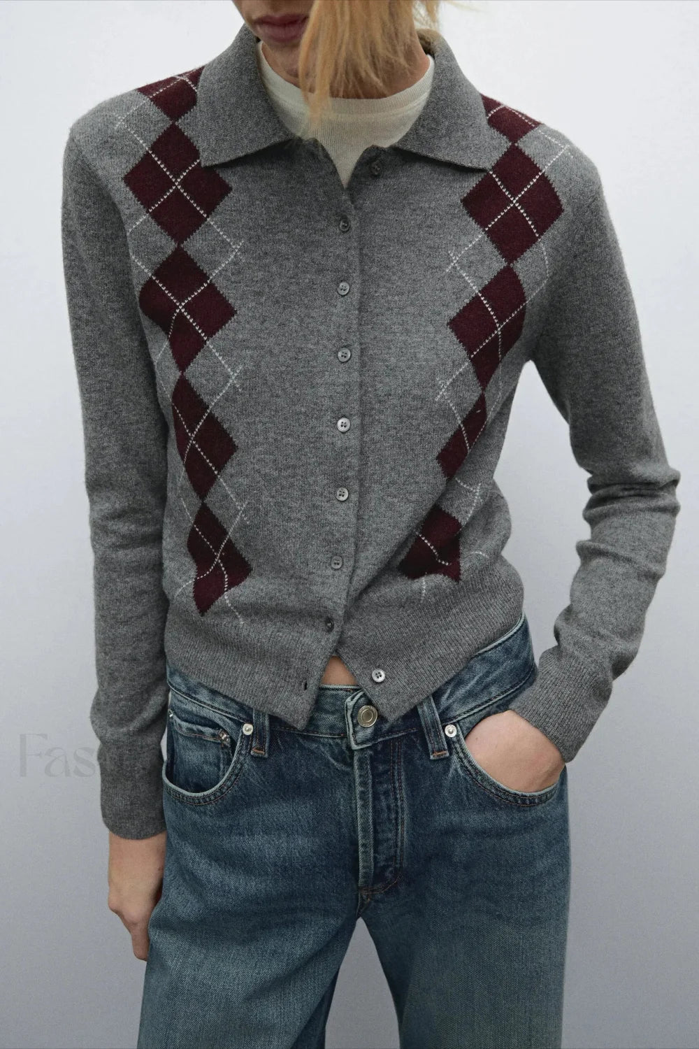 English College Style Polo Neck Knit Cardigan