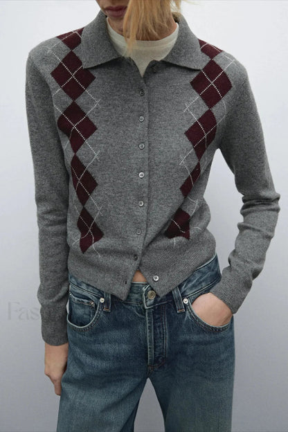 English College Style Polo Neck Knit Cardigan