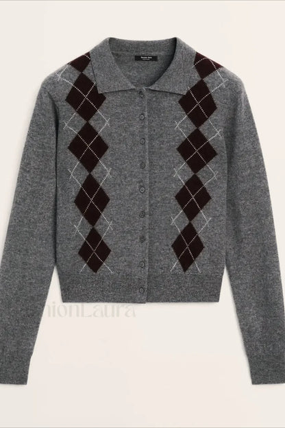 English College Style Polo Neck Knit Cardigan Grey / S