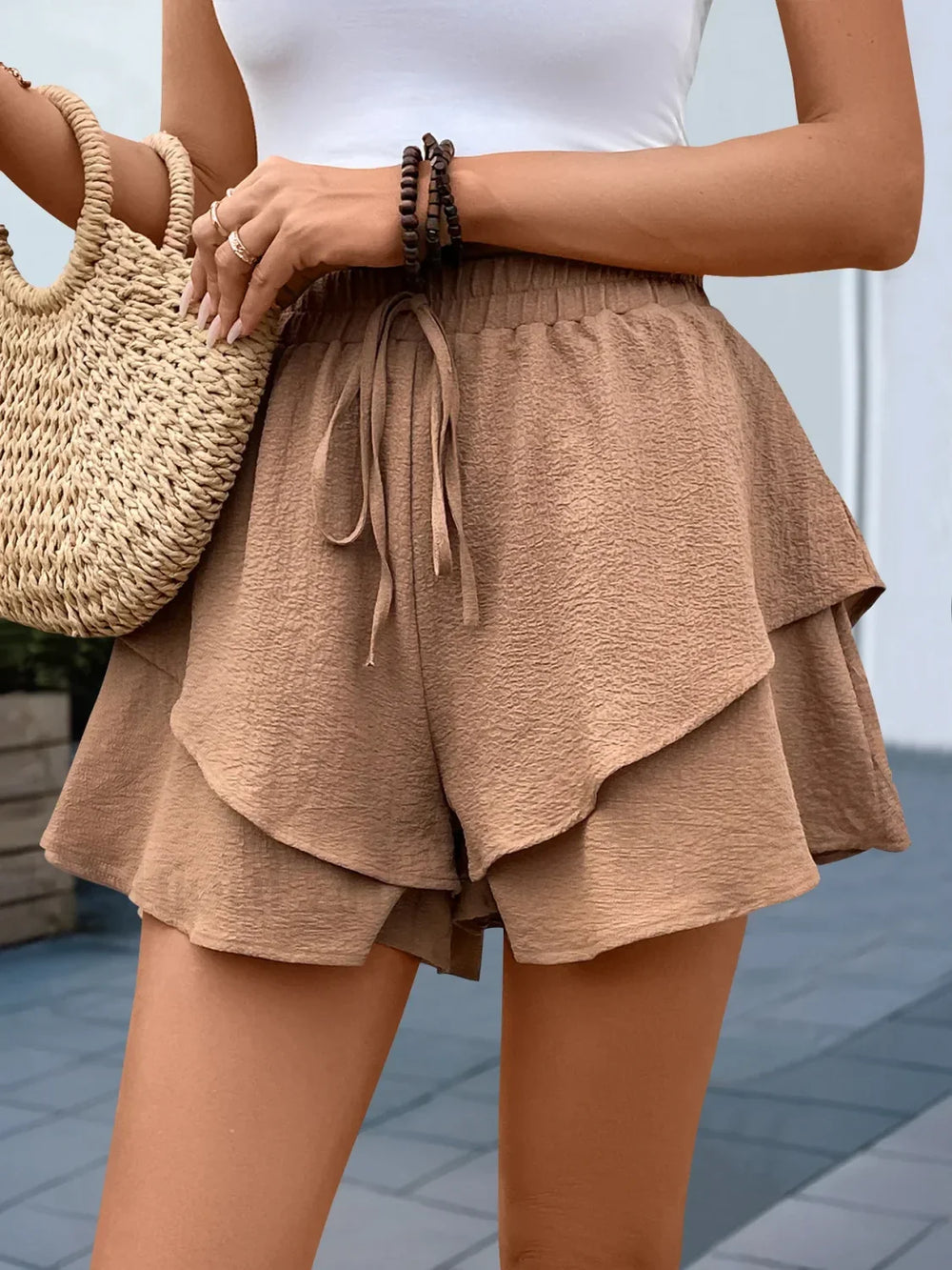 European American Casual Ruffle Solid Color Versatile Short
