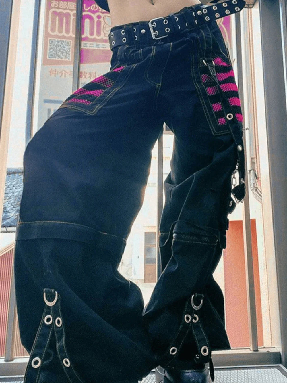 Eyelet Strap Black Cargo Pants Black / M Pants