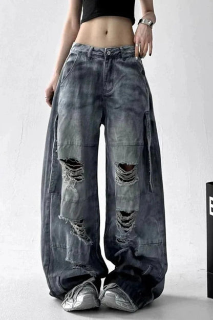 Tie Dye Ripped Wide Leg Jeans Blue / S